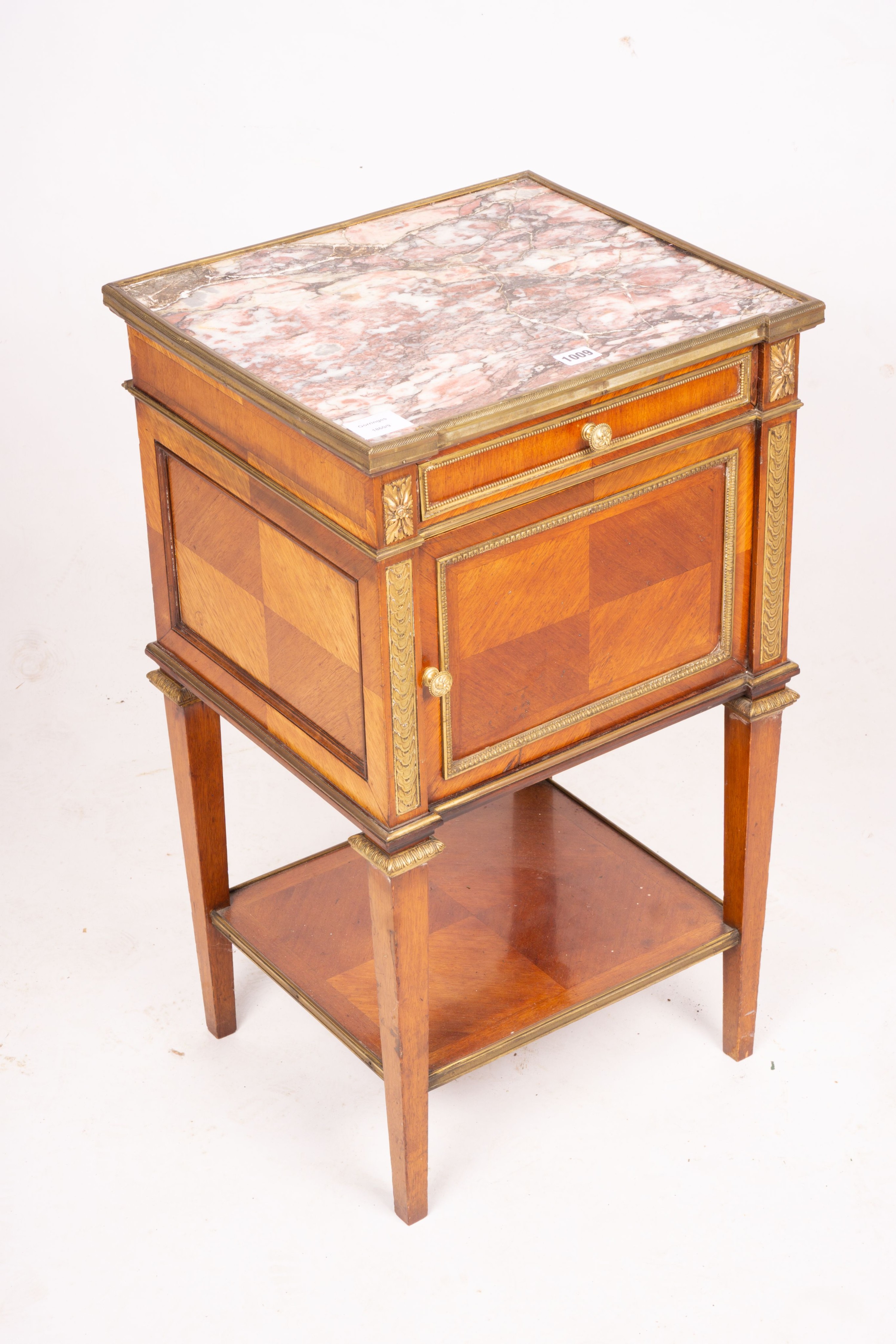 An early 20th century French marble top mahogany bedside cabinet, width 42cm, depth 38cm, height 75cm